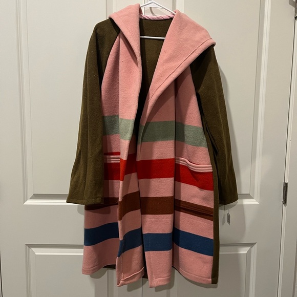 New Look Jackets & Blazers - Handmade New Look Pink Hooded Striped Wool-Blend Cape Coat with Olive Sleeves